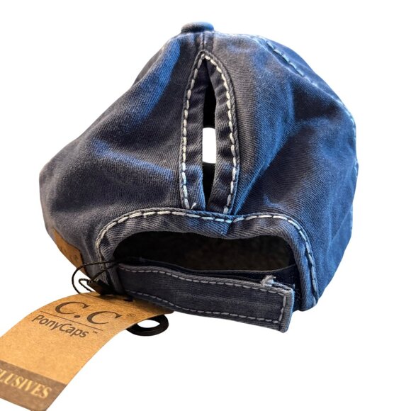 Distressed Navy "Beach Crazy" Ponytail Cap  Adjustable Fit & Comfortable Design - Picture 2 of 3